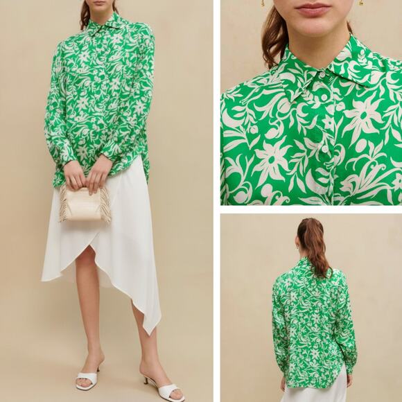 MAJE Printed Satiny Lightweight Shirt Size XS Green White